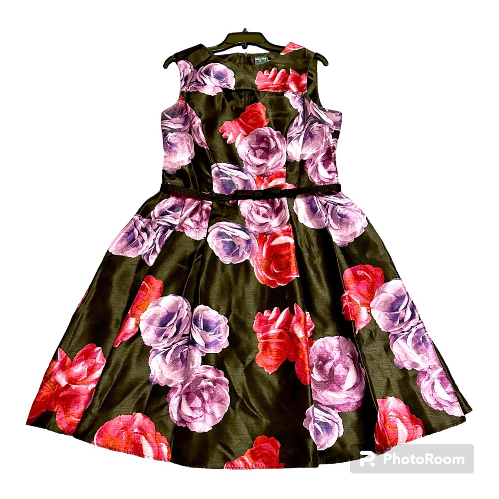 Gabby Skye Fit & Flare Black/Pink/Purple Floral Print Party Dress Sz 14